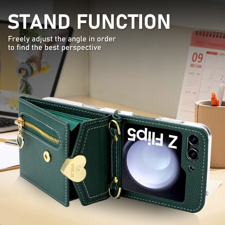 For Samsung Galaxy Z Flip5 POLA Litchi Texture Love Buckle Multi-Card Slots Zipper Wallet Phone Case(Green) - Galaxy Z Flip5 Cases by POLA | Online Shopping UK | buy2fix