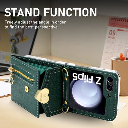 For Samsung Galaxy Z Flip5 POLA Litchi Texture Love Buckle Multi-Card Slots Zipper Wallet Phone Case(Green) - Galaxy Z Flip5 Cases by POLA | Online Shopping UK | buy2fix