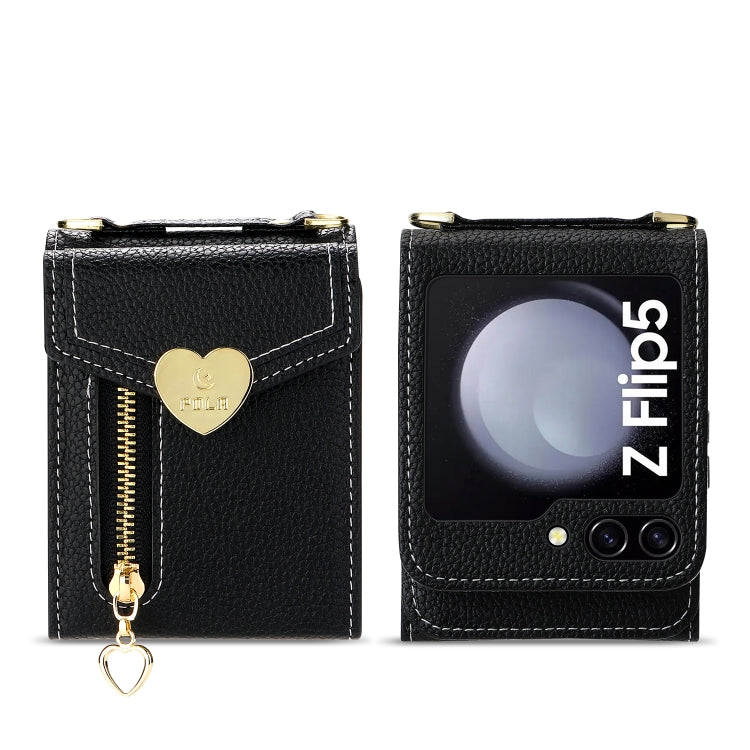 For Samsung Galaxy Z Flip5 POLA Litchi Texture Love Buckle Multi-Card Slots Zipper Wallet Phone Case(Black) - Galaxy Z Flip5 Cases by POLA | Online Shopping UK | buy2fix