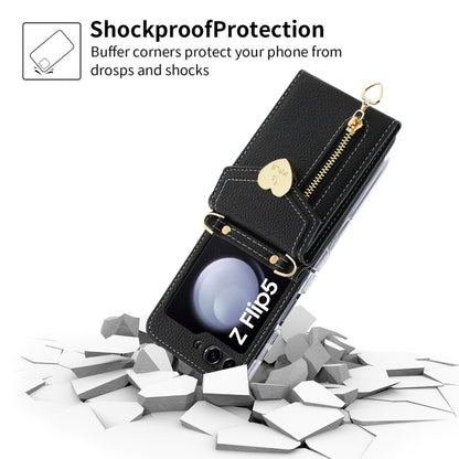For Samsung Galaxy Z Flip5 POLA Litchi Texture Love Buckle Multi-Card Slots Zipper Wallet Phone Case(Black) - Galaxy Z Flip5 Cases by POLA | Online Shopping UK | buy2fix