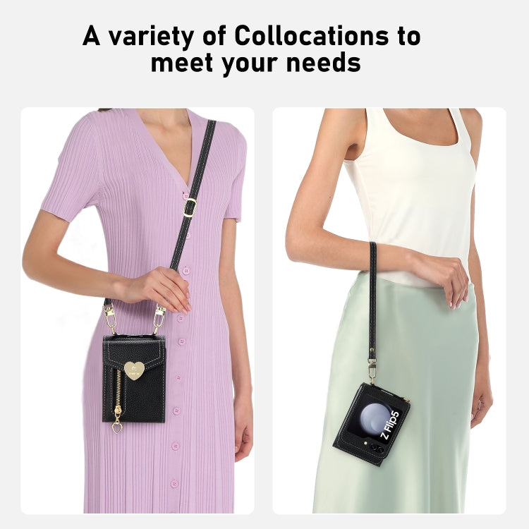 For Samsung Galaxy Z Flip5 POLA Litchi Texture Love Buckle Multi-Card Slots Zipper Wallet Phone Case(Black) - Galaxy Z Flip5 Cases by POLA | Online Shopping UK | buy2fix