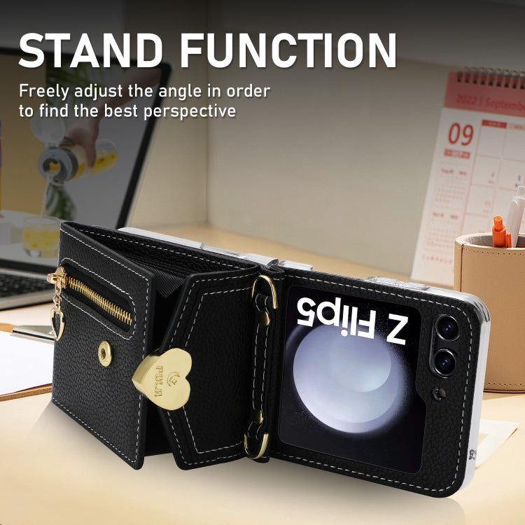 For Samsung Galaxy Z Flip5 POLA Litchi Texture Love Buckle Multi-Card Slots Zipper Wallet Phone Case(Black) - Galaxy Z Flip5 Cases by POLA | Online Shopping UK | buy2fix