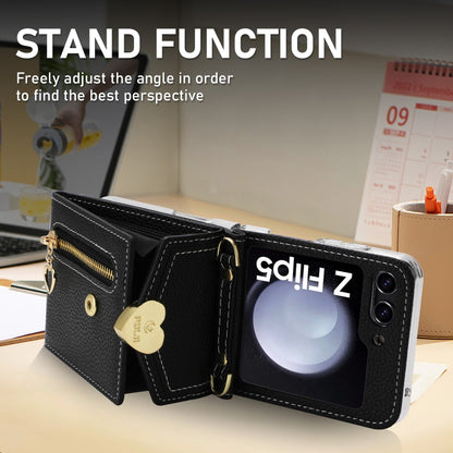 For Samsung Galaxy Z Flip5 POLA Litchi Texture Love Buckle Multi-Card Slots Zipper Wallet Phone Case(Black) - Galaxy Z Flip5 Cases by POLA | Online Shopping UK | buy2fix