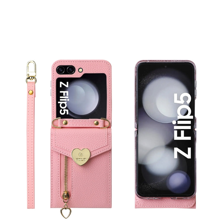 For Samsung Galaxy Z Flip5 POLA Litchi Texture Love Buckle Multi-Card Slots Zipper Wallet Phone Case(Pink) - Galaxy Z Flip5 Cases by POLA | Online Shopping UK | buy2fix