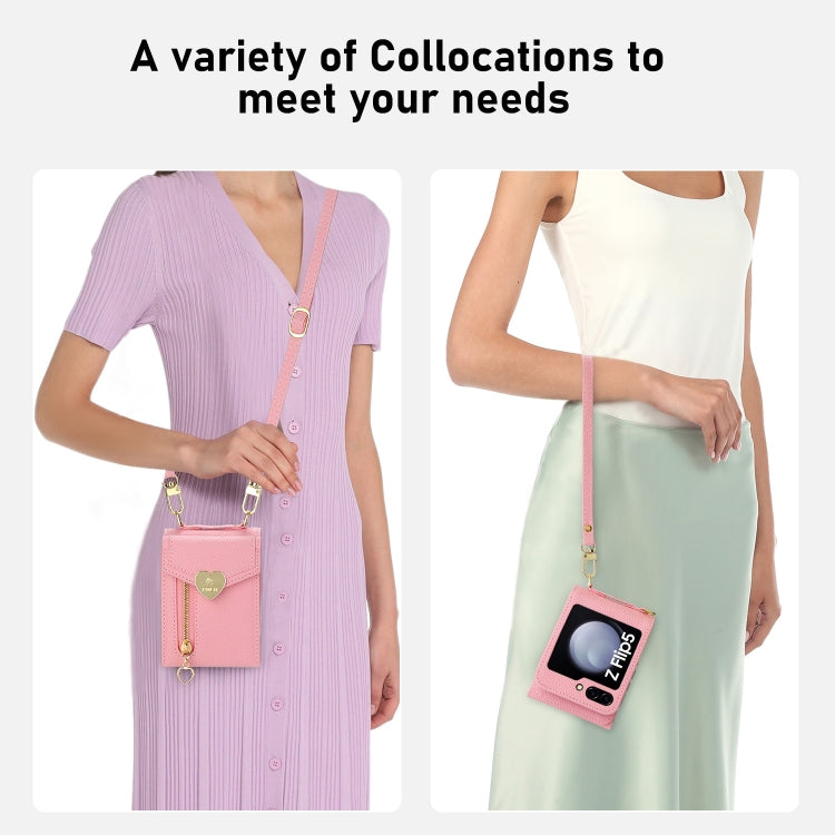 For Samsung Galaxy Z Flip5 POLA Litchi Texture Love Buckle Multi-Card Slots Zipper Wallet Phone Case(Pink) - Galaxy Z Flip5 Cases by POLA | Online Shopping UK | buy2fix