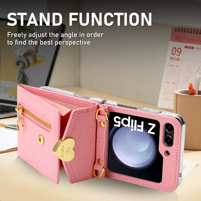 For Samsung Galaxy Z Flip5 POLA Litchi Texture Love Buckle Multi-Card Slots Zipper Wallet Phone Case(Pink) - Galaxy Z Flip5 Cases by POLA | Online Shopping UK | buy2fix