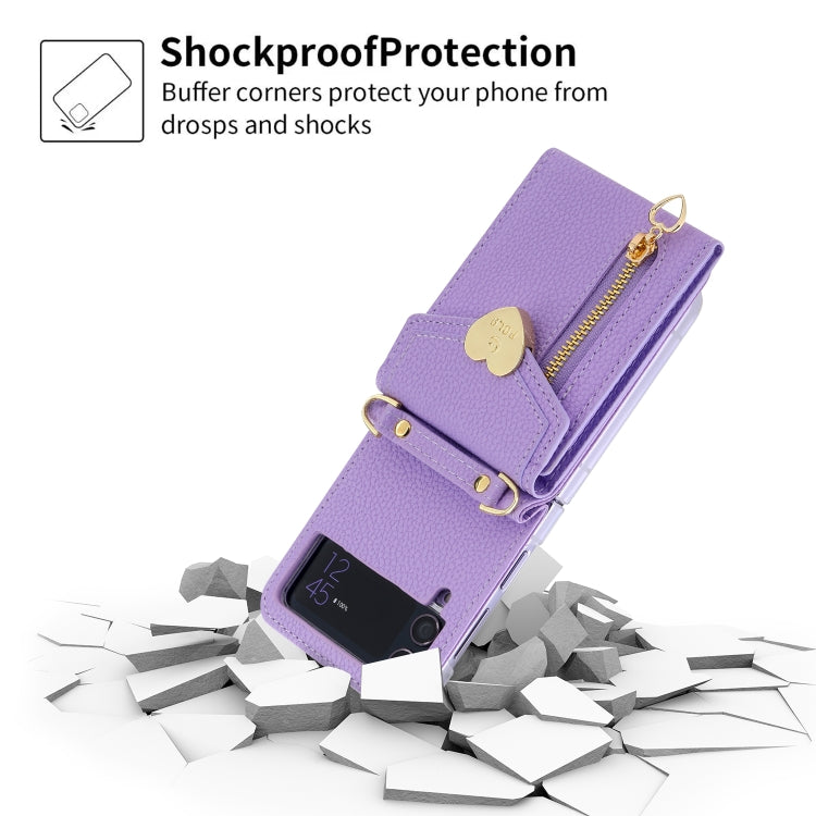 For Samsung Galaxy Z Flip4 POLA Litchi Texture Love Buckle Multi-Card Slots Zipper Wallet Phone Case(Purple) - Galaxy Z Flip4 5G Cases by POLA | Online Shopping UK | buy2fix