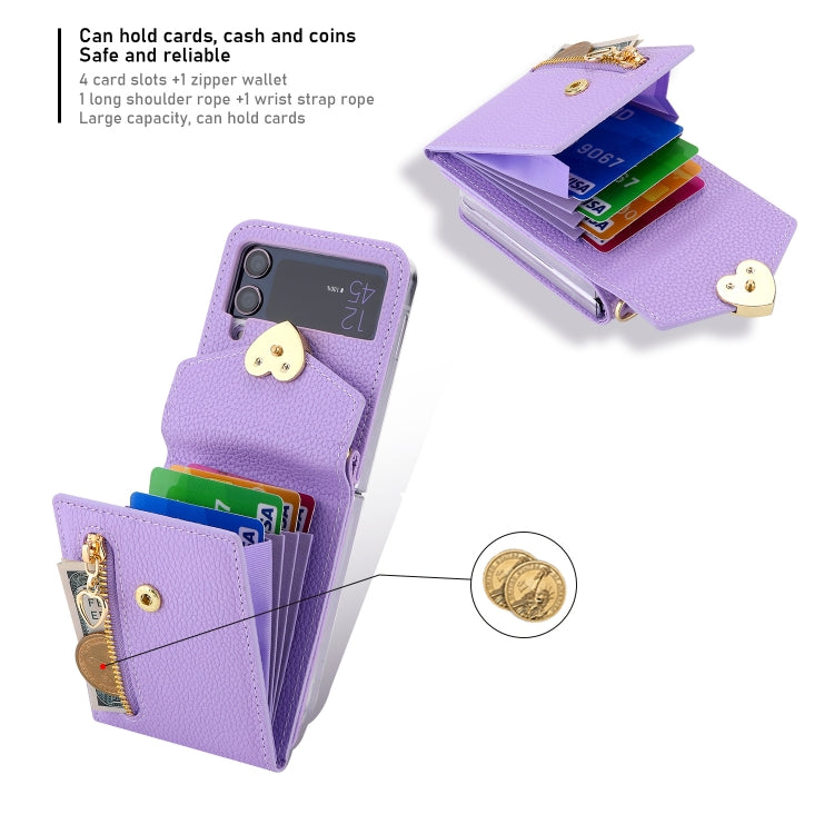 For Samsung Galaxy Z Flip4 POLA Litchi Texture Love Buckle Multi-Card Slots Zipper Wallet Phone Case(Purple) - Galaxy Z Flip4 5G Cases by POLA | Online Shopping UK | buy2fix