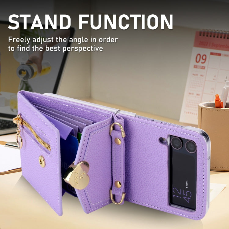 For Samsung Galaxy Z Flip4 POLA Litchi Texture Love Buckle Multi-Card Slots Zipper Wallet Phone Case(Purple) - Galaxy Z Flip4 5G Cases by POLA | Online Shopping UK | buy2fix
