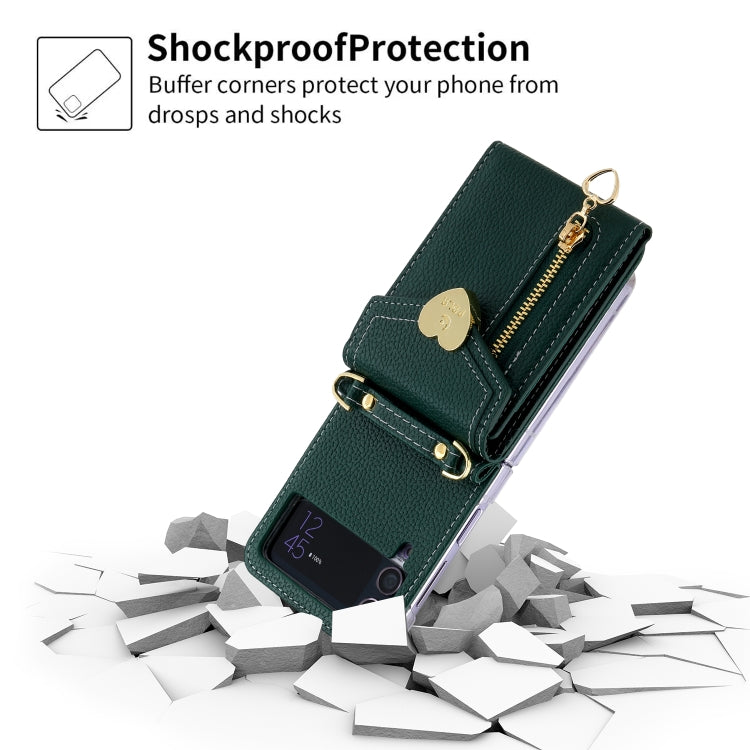 For Samsung Galaxy Z Flip4 POLA Litchi Texture Love Buckle Multi-Card Slots Zipper Wallet Phone Case(Green) - Galaxy Z Flip4 5G Cases by POLA | Online Shopping UK | buy2fix