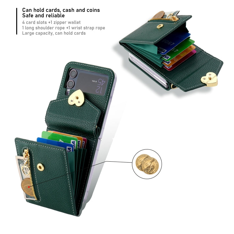 For Samsung Galaxy Z Flip4 POLA Litchi Texture Love Buckle Multi-Card Slots Zipper Wallet Phone Case(Green) - Galaxy Z Flip4 5G Cases by POLA | Online Shopping UK | buy2fix