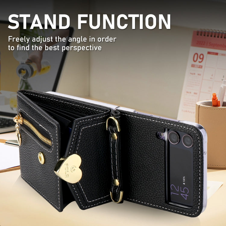 For Samsung Galaxy Z Flip4 POLA Litchi Texture Love Buckle Multi-Card Slots Zipper Wallet Phone Case(Black) - Galaxy Z Flip4 5G Cases by POLA | Online Shopping UK | buy2fix