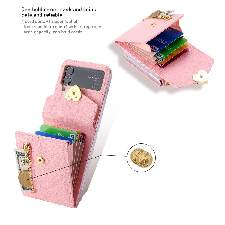 For Samsung Galaxy Z Flip4 POLA Litchi Texture Love Buckle Multi-Card Slots Zipper Wallet Phone Case(Pink) - Galaxy Z Flip4 5G Cases by POLA | Online Shopping UK | buy2fix