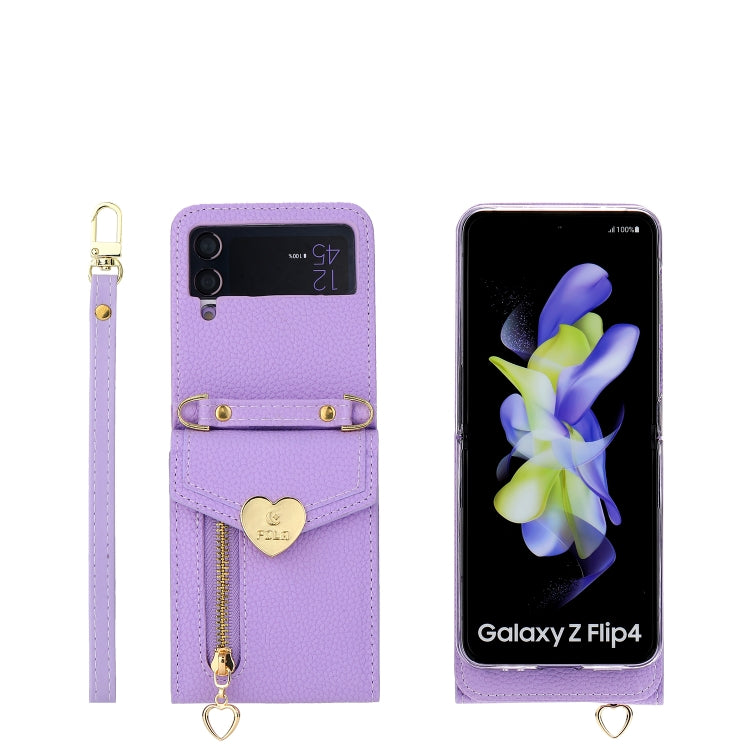 For Samsung Galaxy Z Flip3 5G POLA Litchi Texture Love Buckle Multi-Card Slots Zipper Wallet Phone Case(Purple) - Galaxy Phone Cases by POLA | Online Shopping UK | buy2fix