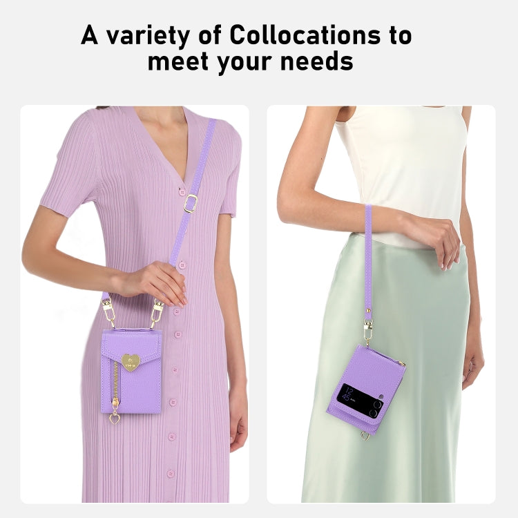 For Samsung Galaxy Z Flip3 5G POLA Litchi Texture Love Buckle Multi-Card Slots Zipper Wallet Phone Case(Purple) - Galaxy Phone Cases by POLA | Online Shopping UK | buy2fix