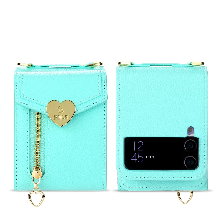 For Samsung Galaxy Z Flip3 5G POLA Litchi Texture Love Buckle Multi-Card Slots Zipper Wallet Phone Case(Blue) - Galaxy Phone Cases by POLA | Online Shopping UK | buy2fix