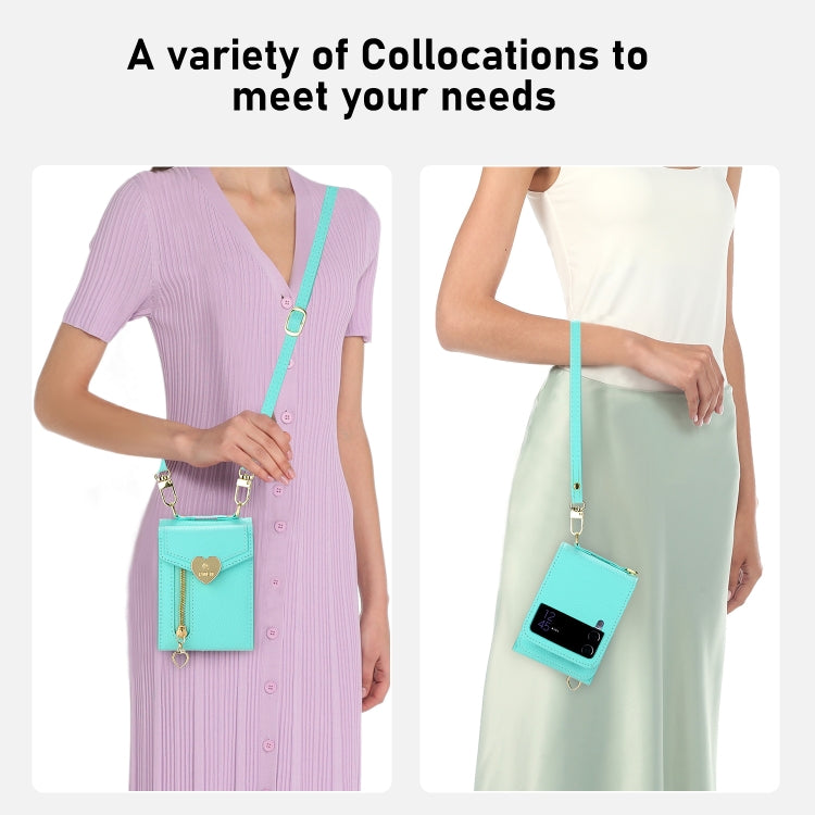 For Samsung Galaxy Z Flip3 5G POLA Litchi Texture Love Buckle Multi-Card Slots Zipper Wallet Phone Case(Blue) - Galaxy Phone Cases by POLA | Online Shopping UK | buy2fix