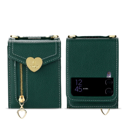 For Samsung Galaxy Z Flip3 5G POLA Litchi Texture Love Buckle Multi-Card Slots Zipper Wallet Phone Case(Green) - Galaxy Phone Cases by POLA | Online Shopping UK | buy2fix
