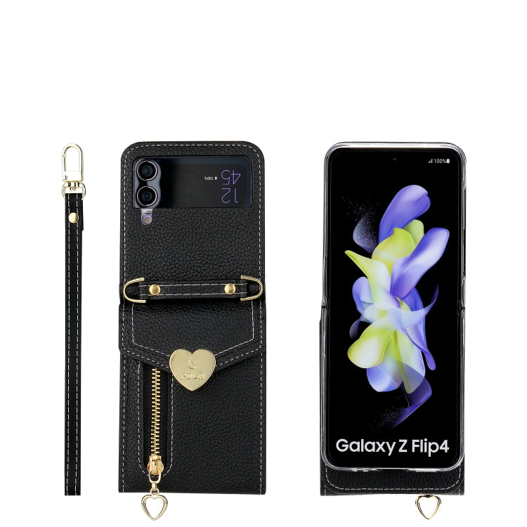 For Samsung Galaxy Z Flip3 5G POLA Litchi Texture Love Buckle Multi-Card Slots Zipper Wallet Phone Case(Black) - Galaxy Phone Cases by POLA | Online Shopping UK | buy2fix