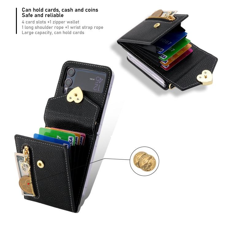 For Samsung Galaxy Z Flip3 5G POLA Litchi Texture Love Buckle Multi-Card Slots Zipper Wallet Phone Case(Black) - Galaxy Phone Cases by POLA | Online Shopping UK | buy2fix