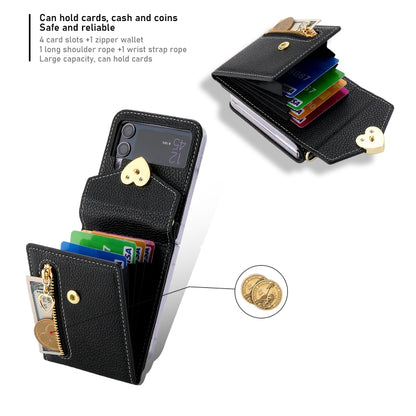 For Samsung Galaxy Z Flip3 5G POLA Litchi Texture Love Buckle Multi-Card Slots Zipper Wallet Phone Case(Black) - Galaxy Phone Cases by POLA | Online Shopping UK | buy2fix