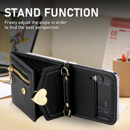 For Samsung Galaxy Z Flip3 5G POLA Litchi Texture Love Buckle Multi-Card Slots Zipper Wallet Phone Case(Black) - Galaxy Phone Cases by POLA | Online Shopping UK | buy2fix