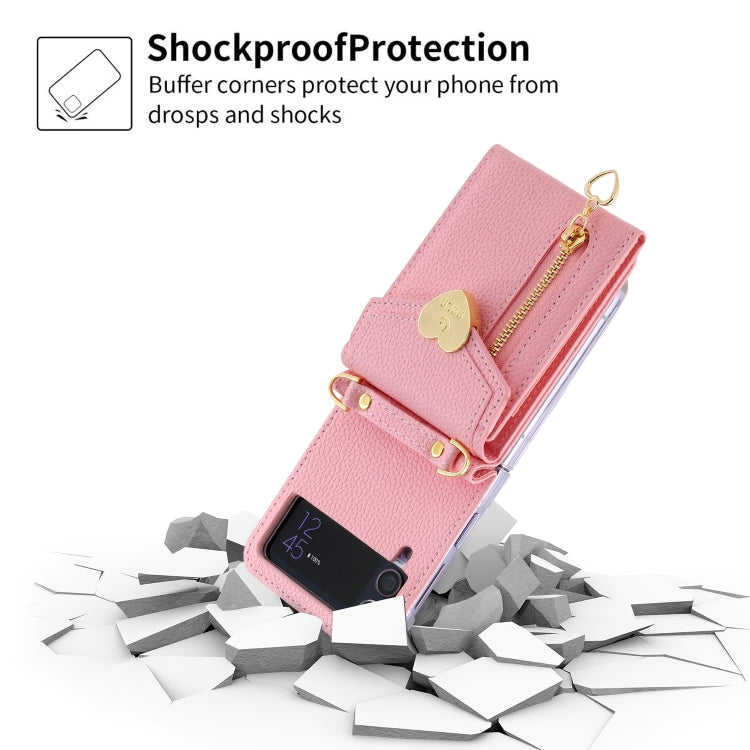 For Samsung Galaxy Z Flip3 5G POLA Litchi Texture Love Buckle Multi-Card Slots Zipper Wallet Phone Case(Pink) - Galaxy Phone Cases by POLA | Online Shopping UK | buy2fix