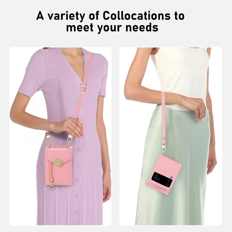 For Samsung Galaxy Z Flip3 5G POLA Litchi Texture Love Buckle Multi-Card Slots Zipper Wallet Phone Case(Pink) - Galaxy Phone Cases by POLA | Online Shopping UK | buy2fix