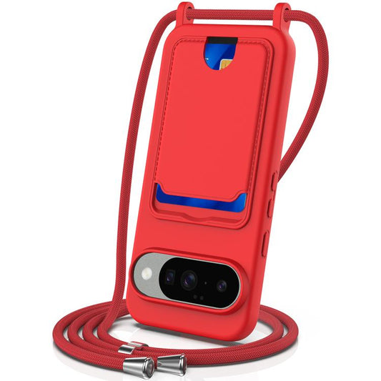 For Google Pixel 10 Integrated Card Bag Solid Color Liquid Silicone Phone Case with Lanyard(Red) - Google Cases by buy2fix | Online Shopping UK | buy2fix
