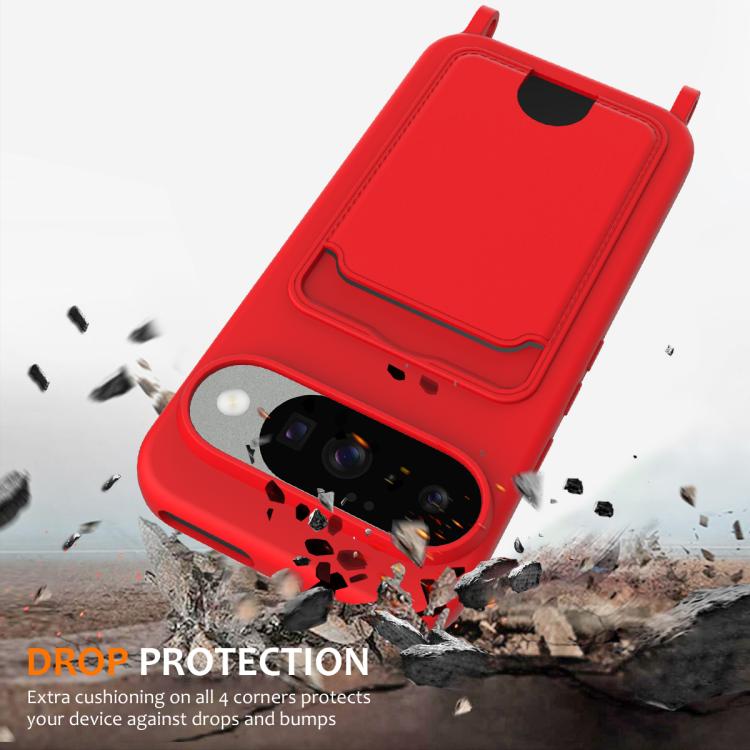 For Google Pixel 10 Integrated Card Bag Solid Color Liquid Silicone Phone Case with Lanyard(Red) - Google Cases by buy2fix | Online Shopping UK | buy2fix