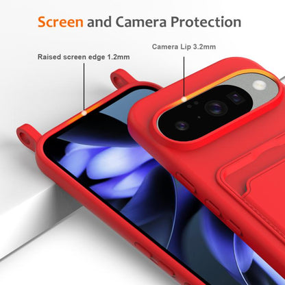 For Google Pixel 10 Integrated Card Bag Solid Color Liquid Silicone Phone Case with Lanyard(Red) - Google Cases by buy2fix | Online Shopping UK | buy2fix