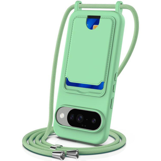 For Google Pixel 10 Integrated Card Bag Solid Color Liquid Silicone Phone Case with Lanyard(Green) - Google Cases by buy2fix | Online Shopping UK | buy2fix