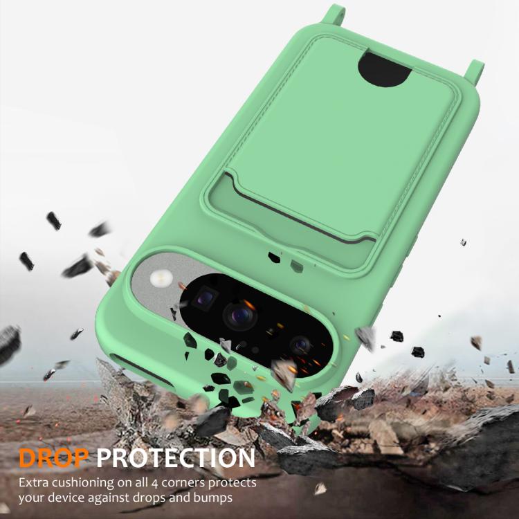 For Google Pixel 10 Integrated Card Bag Solid Color Liquid Silicone Phone Case with Lanyard(Green) - Google Cases by buy2fix | Online Shopping UK | buy2fix