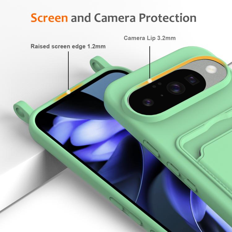 For Google Pixel 10 Integrated Card Bag Solid Color Liquid Silicone Phone Case with Lanyard(Green) - Google Cases by buy2fix | Online Shopping UK | buy2fix
