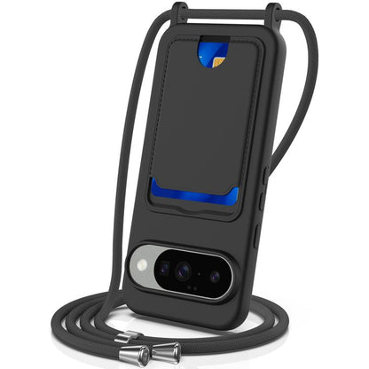 For Google Pixel 10 Integrated Card Bag Solid Color Liquid Silicone Phone Case with Lanyard(Black) - Google Cases by buy2fix | Online Shopping UK | buy2fix