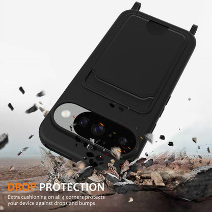 For Google Pixel 10 Integrated Card Bag Solid Color Liquid Silicone Phone Case with Lanyard(Black) - Google Cases by buy2fix | Online Shopping UK | buy2fix