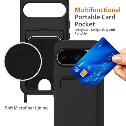 For Google Pixel 10 Integrated Card Bag Solid Color Liquid Silicone Phone Case with Lanyard(Black) - Google Cases by buy2fix | Online Shopping UK | buy2fix