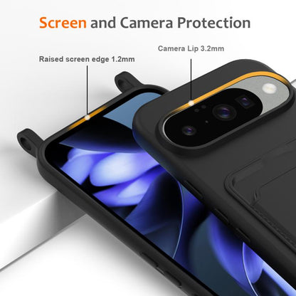 For Google Pixel 10 Integrated Card Bag Solid Color Liquid Silicone Phone Case with Lanyard(Black) - Google Cases by buy2fix | Online Shopping UK | buy2fix