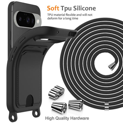 For Google Pixel 10 Integrated Card Bag Solid Color Liquid Silicone Phone Case with Lanyard(Black) - Google Cases by buy2fix | Online Shopping UK | buy2fix