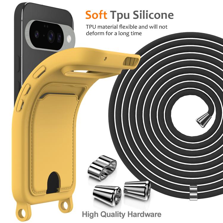 For Google Pixel 10 Integrated Card Bag Solid Color Liquid Silicone Phone Case with Lanyard(Yellow) - Google Cases by buy2fix | Online Shopping UK | buy2fix