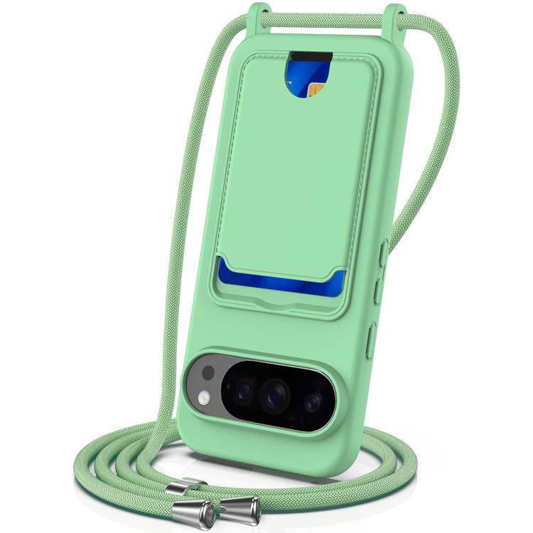 For Google Pixel 10 Pro Integrated Card Bag Solid Color Liquid Silicone Phone Case with Lanyard(Green) - Google Cases by buy2fix | Online Shopping UK | buy2fix