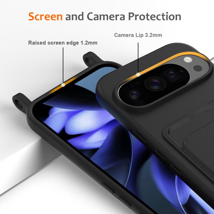 For Google Pixel 10 Pro Integrated Card Bag Solid Color Liquid Silicone Phone Case with Lanyard(Black) - Google Cases by buy2fix | Online Shopping UK | buy2fix