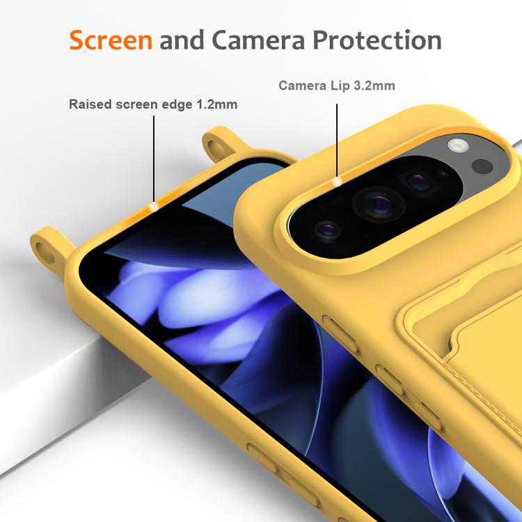 For Google Pixel 10 Pro Integrated Card Bag Solid Color Liquid Silicone Phone Case with Lanyard(Yellow) - Google Cases by buy2fix | Online Shopping UK | buy2fix