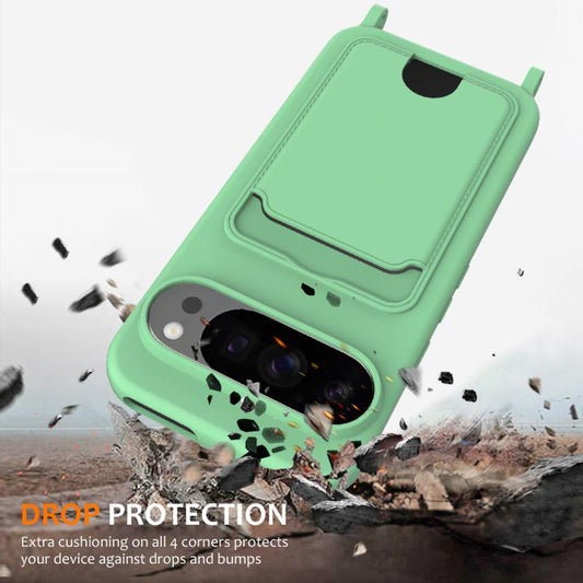 For Google Pixel 10 Pro XL Integrated Card Bag Solid Color Liquid Silicone Phone Case with Lanyard(Green) - Google Cases by buy2fix | Online Shopping UK | buy2fix