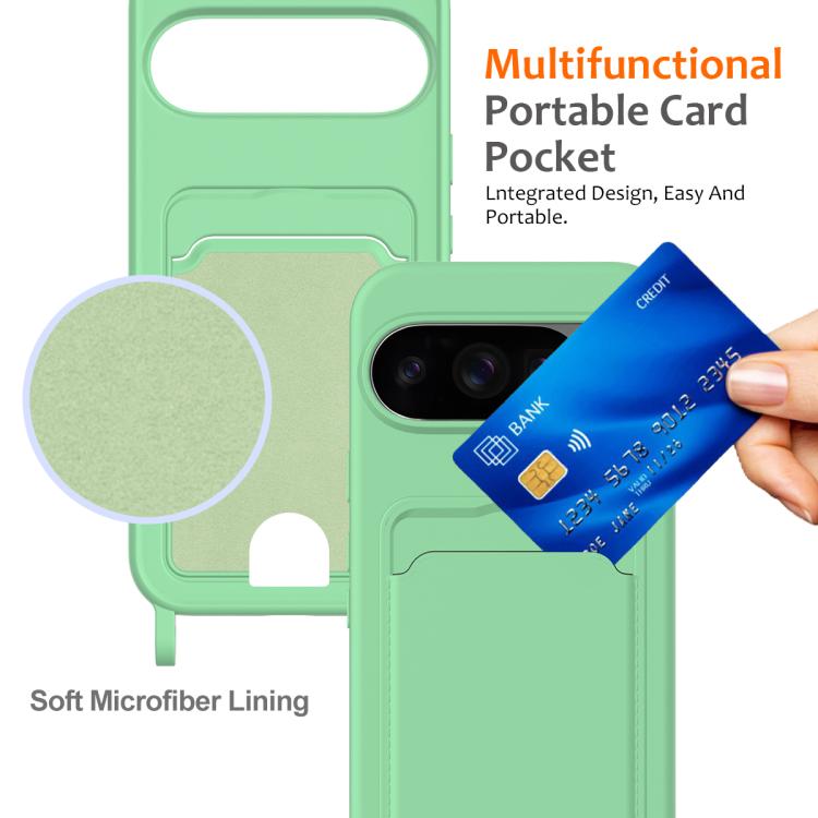 For Google Pixel 10 Pro XL Integrated Card Bag Solid Color Liquid Silicone Phone Case with Lanyard(Green) - Google Cases by buy2fix | Online Shopping UK | buy2fix