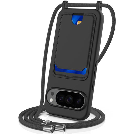 For Google Pixel 10 Pro XL Integrated Card Bag Solid Color Liquid Silicone Phone Case with Lanyard(Black) - Google Cases by buy2fix | Online Shopping UK | buy2fix