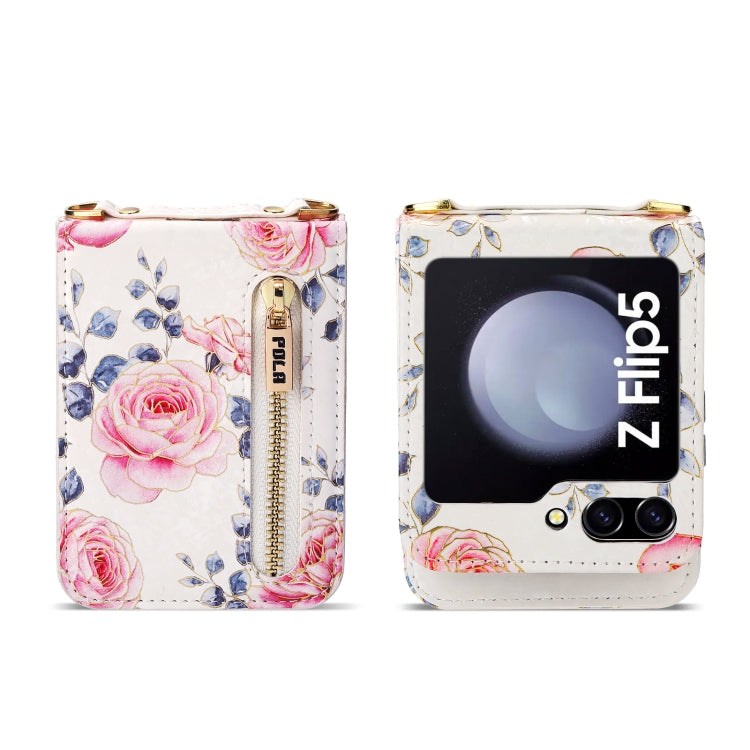 For Samsung Galaxy Z Flip5 POLA Rose Pattern Multi-Card Slots Zipper Wallet Phone Case(White) - Galaxy Z Flip5 Cases by POLA | Online Shopping UK | buy2fix