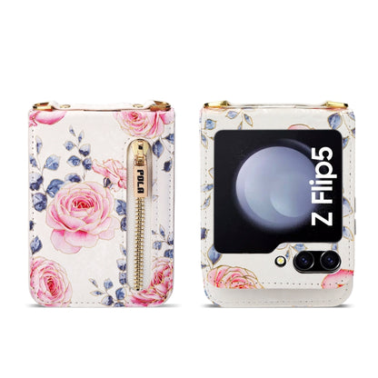 For Samsung Galaxy Z Flip5 POLA Rose Pattern Multi-Card Slots Zipper Wallet Phone Case(White) - Galaxy Z Flip5 Cases by POLA | Online Shopping UK | buy2fix