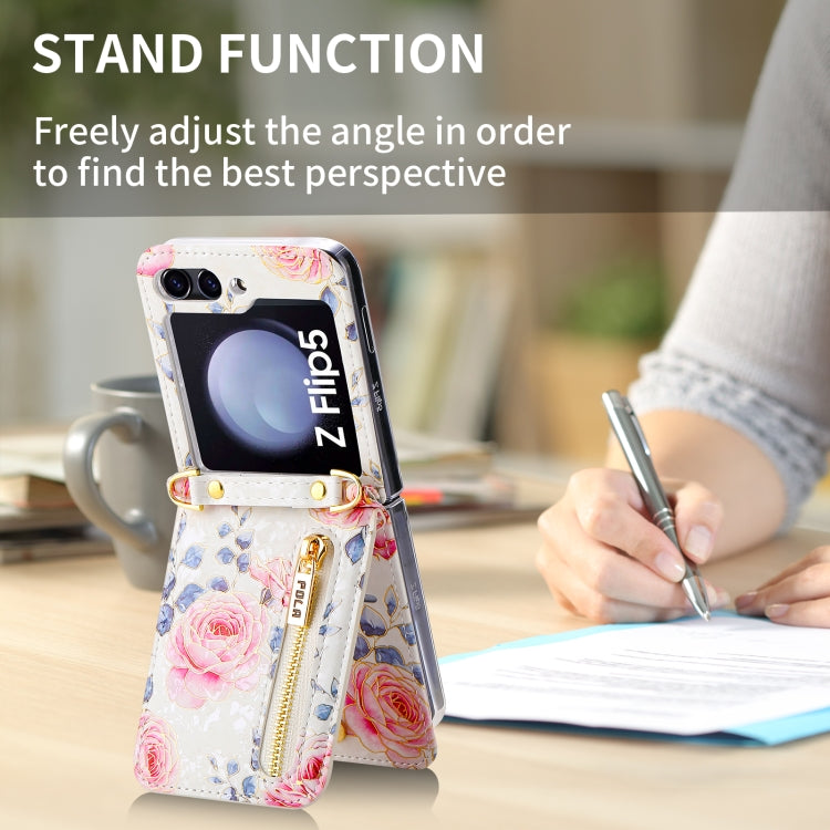 For Samsung Galaxy Z Flip5 POLA Rose Pattern Multi-Card Slots Zipper Wallet Phone Case(White) - Galaxy Z Flip5 Cases by POLA | Online Shopping UK | buy2fix