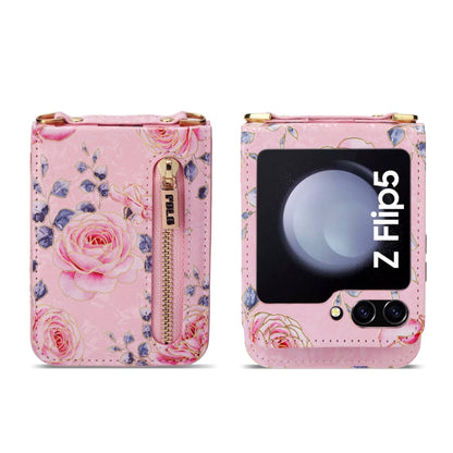 For Samsung Galaxy Z Flip5 POLA Rose Pattern Multi-Card Slots Zipper Wallet Phone Case(Pink) - Galaxy Z Flip5 Cases by POLA | Online Shopping UK | buy2fix